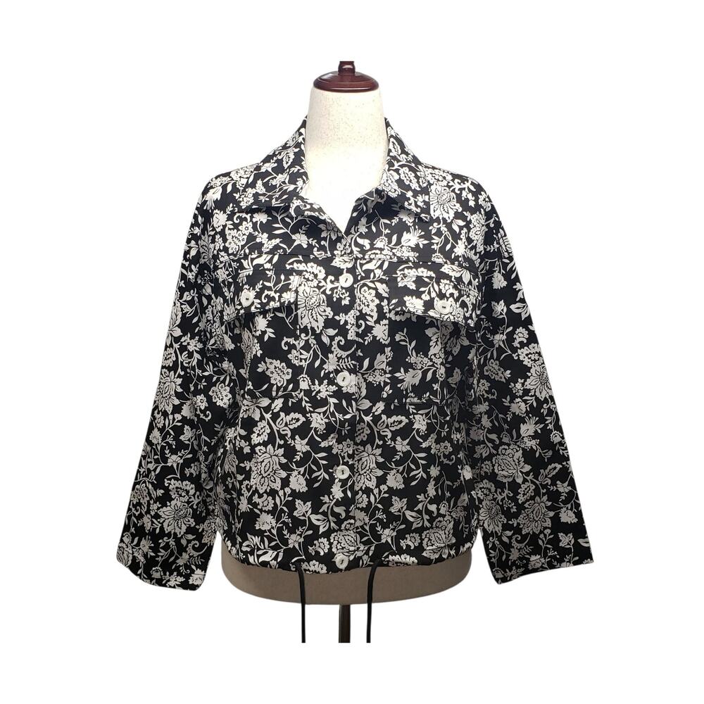 Ruby Rd Shacket Women 14 Plus Black White Floral Stretch Zip  Lightweight Boho